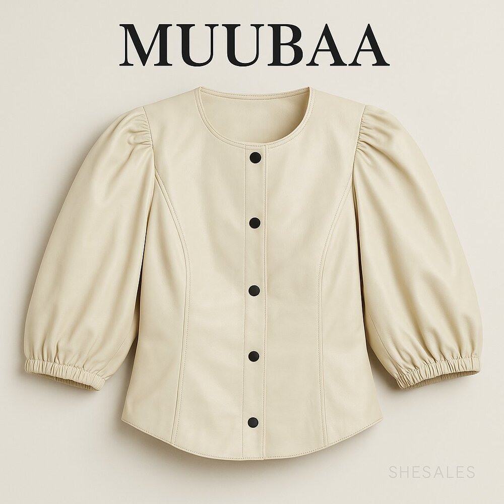 Muubaa Collarless Leather Top Eggshell Beige Puff Sleeve Snap Front Blouse Size